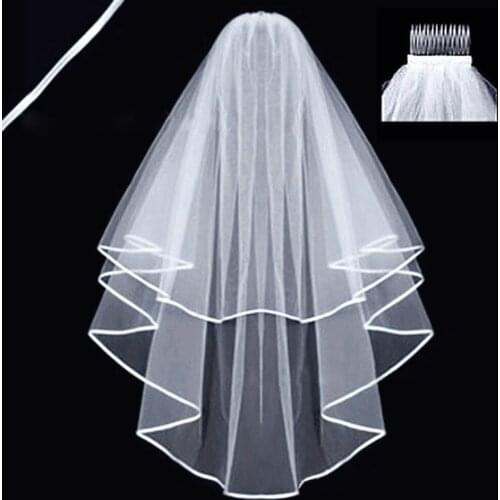 Simple and Elegent Wedding Veil Bridal Tulle Veils with Comb and Lace Ribbon Edge White White Ivory