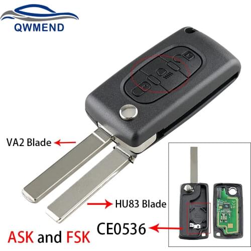 BHKEY 3 Buttons light CE0536 Car Remote Key for Citroen C2 C3 C4 C5 C6 C8 Smart Car Key FSK or ASK Flip Key for Car