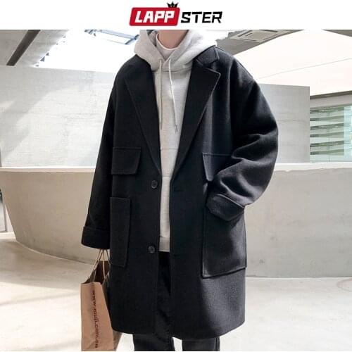LAPPSTER Black Long Trench Coat Men 2020 Over Coat Mens Thick Pockets Windbreaker Male Korean Fashion Harajuku Winter Jackets