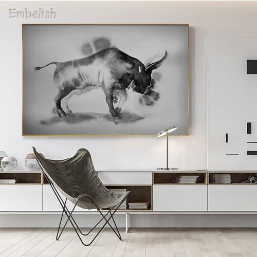Embelish 1 Pieces Chinese Ink Watercolor Style Wild Animals Bull Wall Picture For Living Room Home Decor Poster Canvas Paintings
