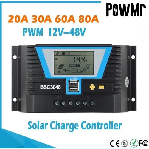 PWM Solar Controller 20A 30A 60A 80A 12V/24V or 12V 24V 36V 48V Lithium Battery Regulator of Light Dual Time Control and USB