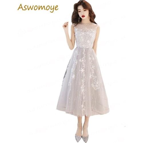 Evening Dress 2019 New Banquet Noble Elegant Prom Party Dresses Illusion O-neck a Line Tea Length Formal Dress Robe De Soire