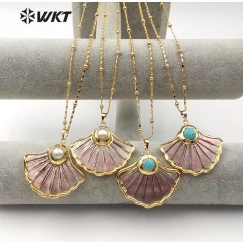 WKT WT-JN065 Natural Black Shell Pendant Hand-carved Ginkgo Leaf Shape With Pearl/Green Gem-stone Embellished Girl Lucky Gift