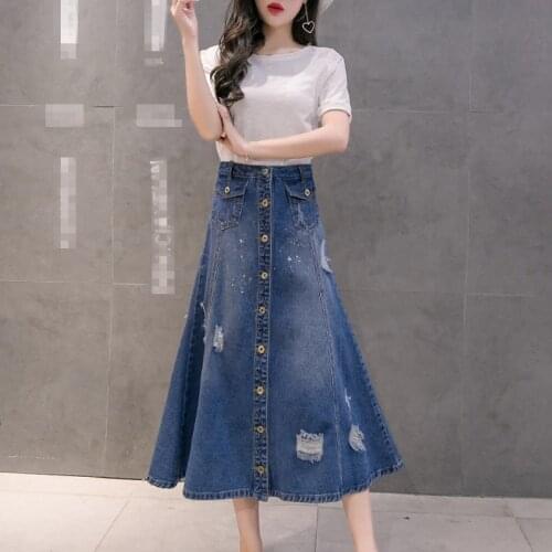 Women Fashion Elegant Preppy Style Slim Long A-Line Skirt Female Denim Jean Sexy Saia Falda Single Breasted Hole Ripped Fur Trim