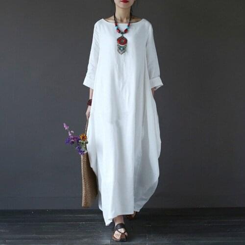 Women‘s Flowy Dresses 2021 Autumn Boho Cotton Linen Long Sleeve O-Neck Maxi Dreeses Loose Plus Size Loose Party Dress Vestidos