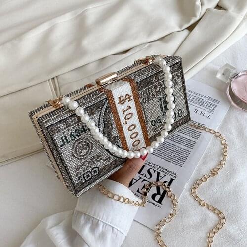 Stack of Cash Crystals Women Money Evening Clutch Bags diamond painting chain Wedding Dinner Purses and Handbags luxury designer