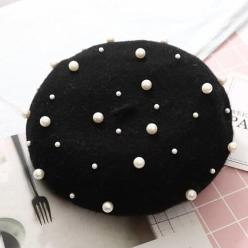 2020 Wool Women Winter Berets Luxury Pearl Rivet Vintage Warm Flat Cap Female Vogue Beret Solid Color Cute Hats