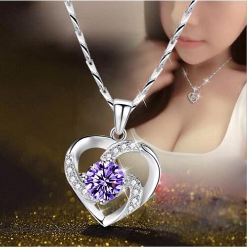 YANHUI Silver 925 Necklace with Purple Zircon Gemstone Pendant With Box Chain Women Heart Shape Forever Love Wedding Necklace