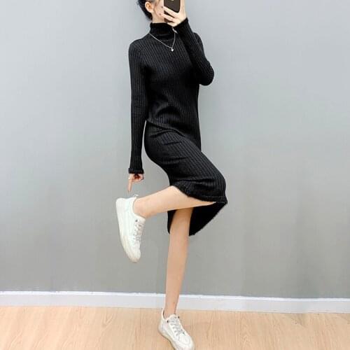 Knit Dress Women 2021 Autumn Winter Korean Fashion Long Sleeve Slim Bottoming Midi Elegant Dresses Black Beige