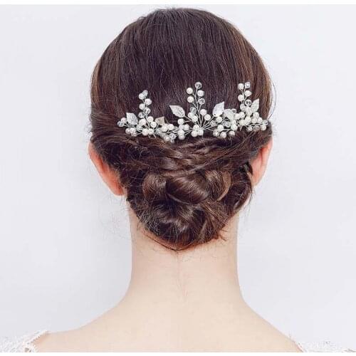2pcs Simulated Pearl Bridal Hairpins Crystal Hair Pins Silver Color Leaves Hairwear Wedding Hair Accessories LXH