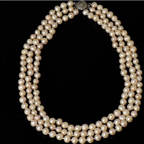 3 row Lovely and Beautiful Light gold 7-8 mm for women Natural Freshwater unique pearl Necklace. The wedding gift