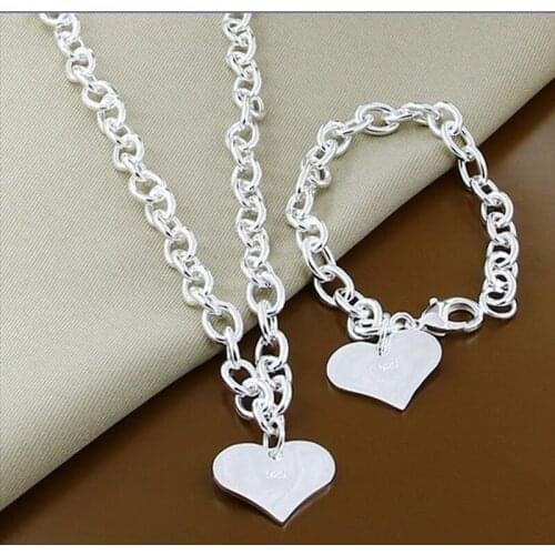 High Quality 925 Sterling Silver Heart Chain Necklace Bracelet Jewelry Set For Women Men Fashion Gift