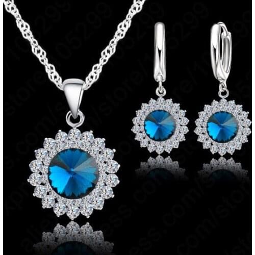 Pure 925 Sterling Silver With Cubic Zircon Sun Flower Pendant Necklace+Lever Back Earring Woman Party Jewelry Sets