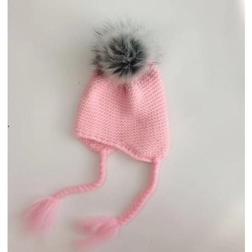 Baby ear hat winter strap hats for kids children pom pom wool toddler infant cap bonnet skullies props for boys and girls child