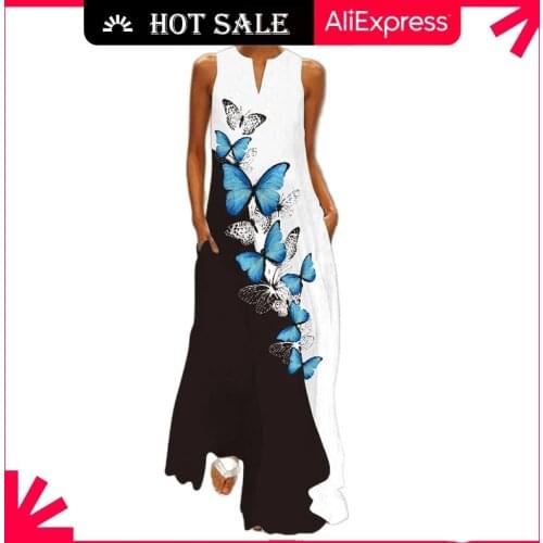MOVOKAKA Sleeveless Long Dress 2021 Casual Beach Women Summer Dress Lady V Neck Butterfly Printed Dresses Elegant Womens Dress