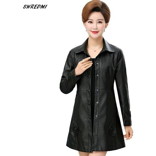 SWREDMI Long Womens Leather Coat 2019 New Autumn And Winter Leather Trench Female Plus Size 5XL Lady Clothing Leather Jackets