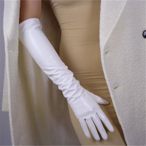 50cm Long Section Patent Leather Gloves Emulation Leather Sheepskin PU Bright Leather Bright White Womens Gloves PU38-50