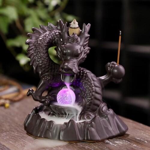 Home Decor 7-Color Change Incense Burner Handmade Ceramic Dragon Backflow Incense Burner Creative Smoke Waterfall Incense Holder