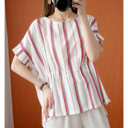 Oversized Women Cotton Linen Casual T-shirts New Arrival 2021 Summer Simple Style Vintage Striped Loose Female Tops Tees S3719