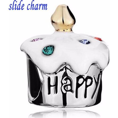 Slide charm Free shipping Lucky charm color crystal birthday cake charm beads fit Pandora bracelet