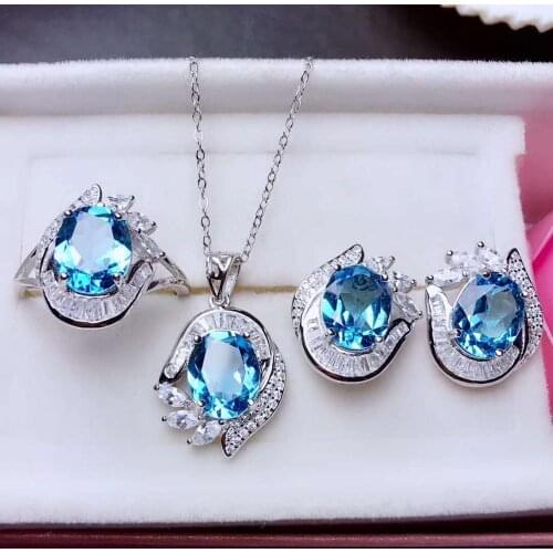 Real Natural Topaz jewelry set Natural Real Topaz 925 sterling silver 1pc pendant,1pc ring,2pcs Earring