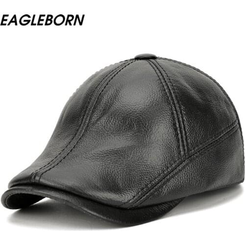 Leather Visors Dad Hat Elderly Forward Hat Winter Men Hat Warm Thick Earmuffs First Layer Cowhide Hat Business Casual Painter