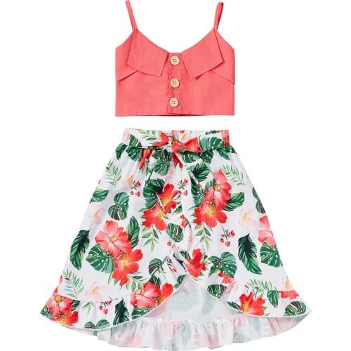 Girls Summer Two Pieces Fashion Casual Holiday Outfits Butto Sling Vest and Flower Ruffle Midi Skirt Baby Girl Cute Clothes Sets