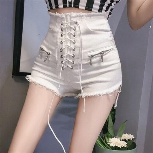 2021 summer new style straps thin high waist tight-fitting white lace-up jeans hot shorts DK549