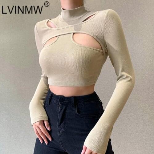 LVINMW Tees Hollow Out Solid Slim Fit Basic Long Sleeve Top Mock Neck Navel Simple Chic Designed T Shirt Ribbed Knitted Street
