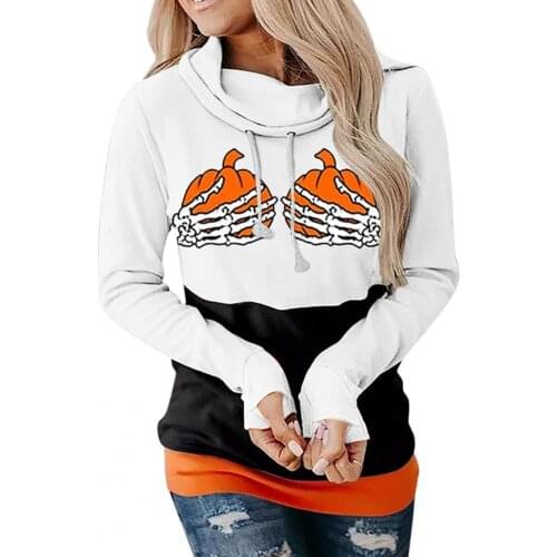 Fashion Women New Autumn 2021 Loose Casual Hoodie Pumpkin Hands Claw Pattern Halloween Drawstring Hooded Lady Top for Halloween