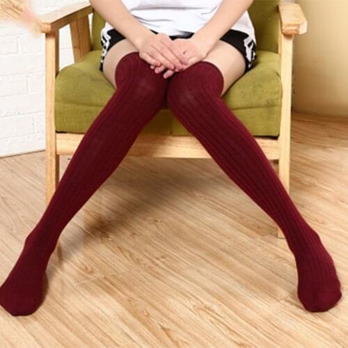 1 Pair New Women Solid Over Knee High Socks Spring Autumn Winter Warm Knit Soft Thigh High Long Stockings Female Long Knee Sock