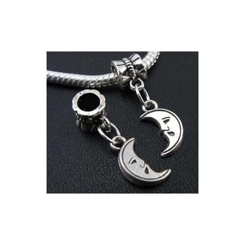 Wholesale - Free Shipping Hot sell! 100 Pcs Tibetan Silver Moon Face Dangle Charm Beads Fit European Bracelet14x12mm