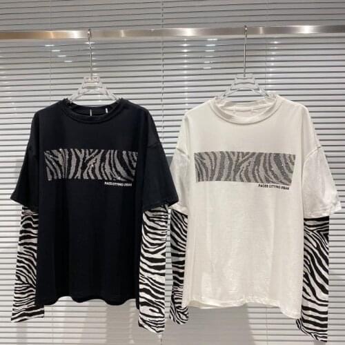 Casual O-neck Patchwork Faux Two-piece Zebra Prints Sleeve Women T-shirt Autumn Basic Top
