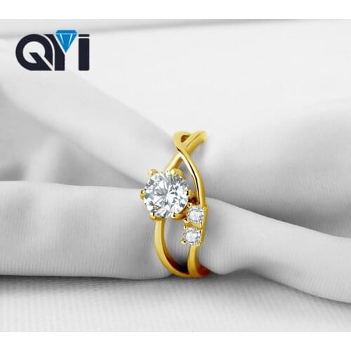 QYI Women Fine Custom Made Jewelry 14K Solid Yellow Gold Luxury Sona Simulated Diamond Wedding Engagement Rings