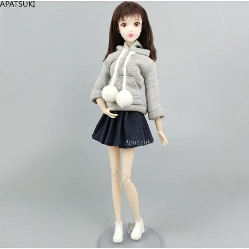 Gray Top Hoodie Sweatshirt Pleated Denim Skirt for Barbie Doll Clothes Set Suit Outfits for 1/6 BJD Dolls Accessories Kids Toys