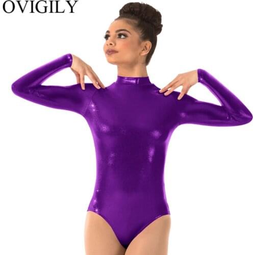 OVIGILY Purple Adults Long Sleeve Leotard For Gymnastics Women Spandex Metallic Turtleneck Dance Leotards Red Ballet Bodysuits