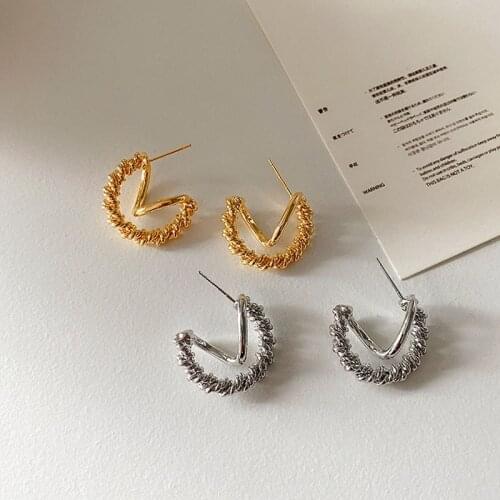 SRCOI Vintage Geometric Twisted Earrings Double-Layer Staggered Curved Metal Stud Earring Women Temperament Jewelry Accessories