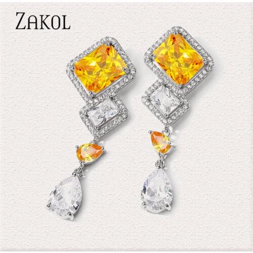 ZAKOL Fashion Geometric Square Yellow Color Cubic Zirconia Drop Earrings AAA Zircon Party Jewelry Accessories for Women EP2651