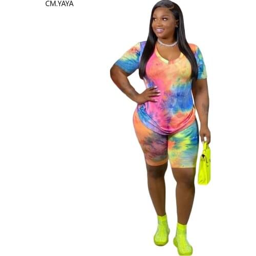 Plus Size Women Two Pieces Sets Summer Tracksuits Tie-dye Galaxy Print V-neck Tee Tops+ Shorts Suit Fitness Night Outfits 2 Pcs
