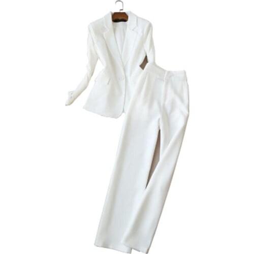 Fashion Women Pant Suits female Autumn new casual one button long sleeve suit + high waist wide leg pants trousers OL two sets