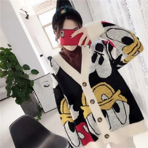 Disney Donald Duck Sweater Mickey Mouse Women Button Knitted Cardigans Long Sleeve Ladies V-Neck Knitwear Winter Oversized Tops