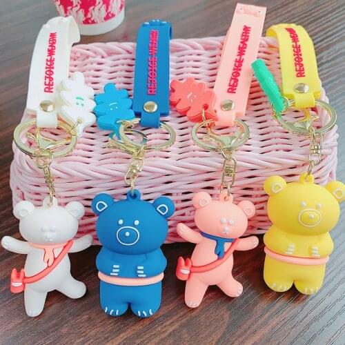 2020 Korea Cute Satchel Bear Doll Key Chain Creative Lover Silicone Rope Keychain Key Ring for Girl Bag Charms Pendant Wholesale