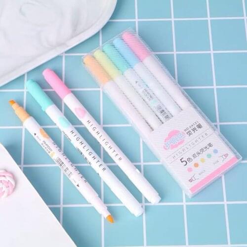 5 Pcs Eye Protection Double Head Colorful Candy Color Double-end Highlighters Markers Fluorescent Milkliner Stationery Gift