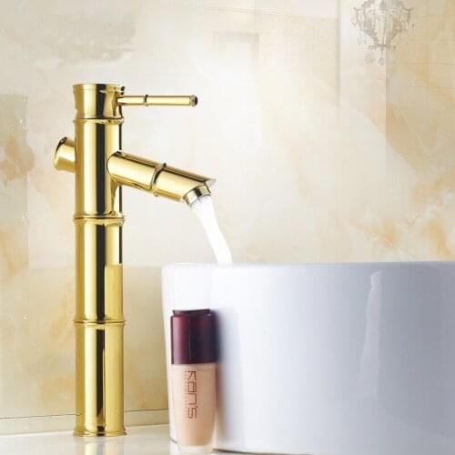 Antique gold plated bamboo style brass basin faucet hot and cold, Art retro single hole bathroom basin faucet Whosale or retail