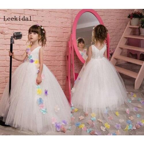 Flower Girl Dress Sleeveless V Neck 3D Flower Applique Ball Gown Floor Length Tulle Lace Hand Made Flower Princess Girl Dress