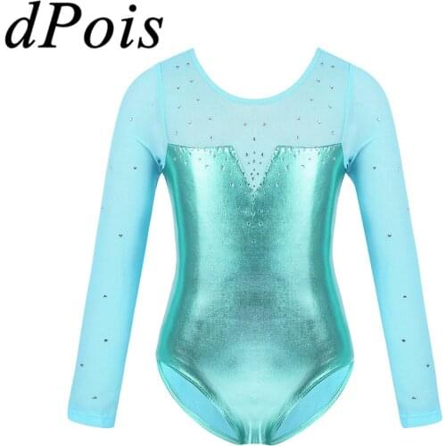 DPOIS Kids Girls Ballerina Costume Tulle Long Sleeve Sparkly Shiny Metallic Ballet Dance Gym Leotard Bodysuit Dancing Gymnastics