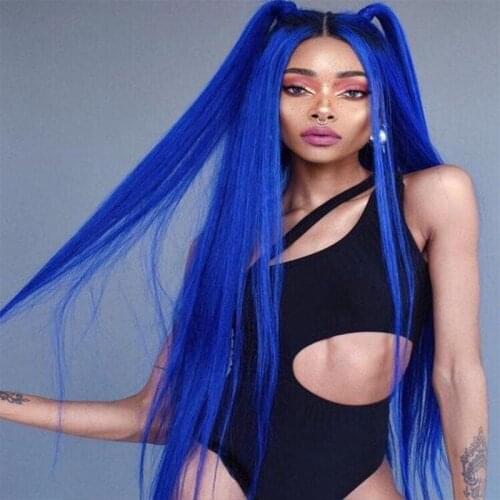 Long Silky Straight Blue Color Glueless Lace Front Wig For Black Women Synthetic High Temperature Heat Resistant Fiber Cosplay
