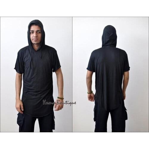 Mens New Short Sleeve Hooded Long T-shirt / Raw Edge Asymmetric Cut T-Shirt / Relaxed Fit Longline/ Drop Shoulder Hoodie Tee