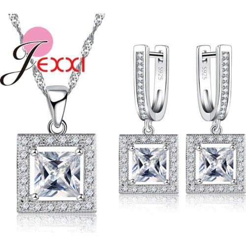 Square Design Women Girls Fashion Jewelry Set CZ Crystal Necklace Earrings Sets Wholesale Christmas Birthday Gift