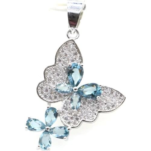 35x21mm Romantic Butterfly Shape Created London Blue Topaz White CZ Gift 2020 Silver Pendant